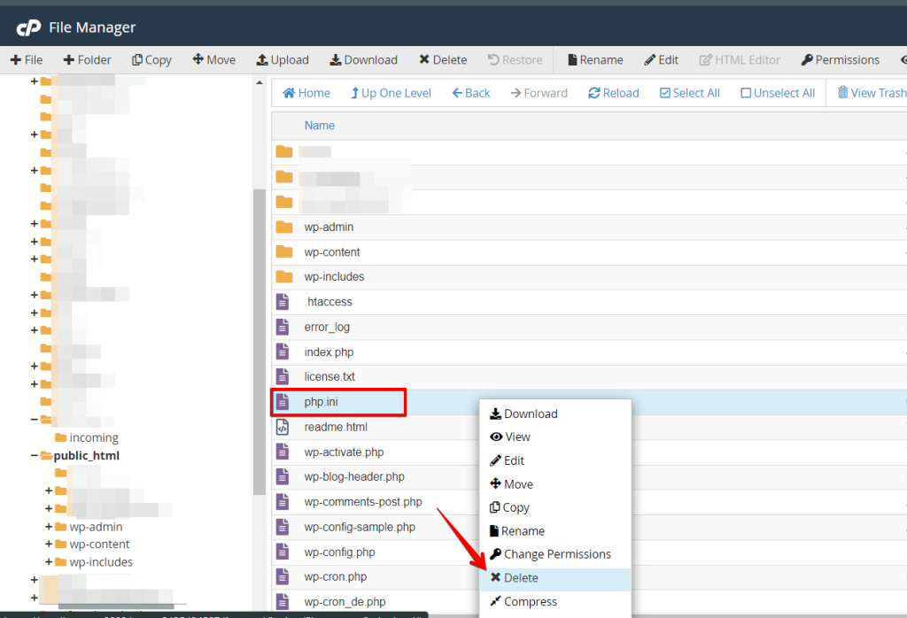 Delete php.ini file via cPanel