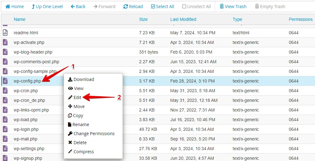 Edit wp-config file