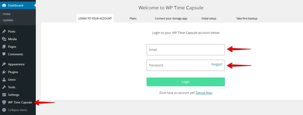 Login to your WP Time Capsule account