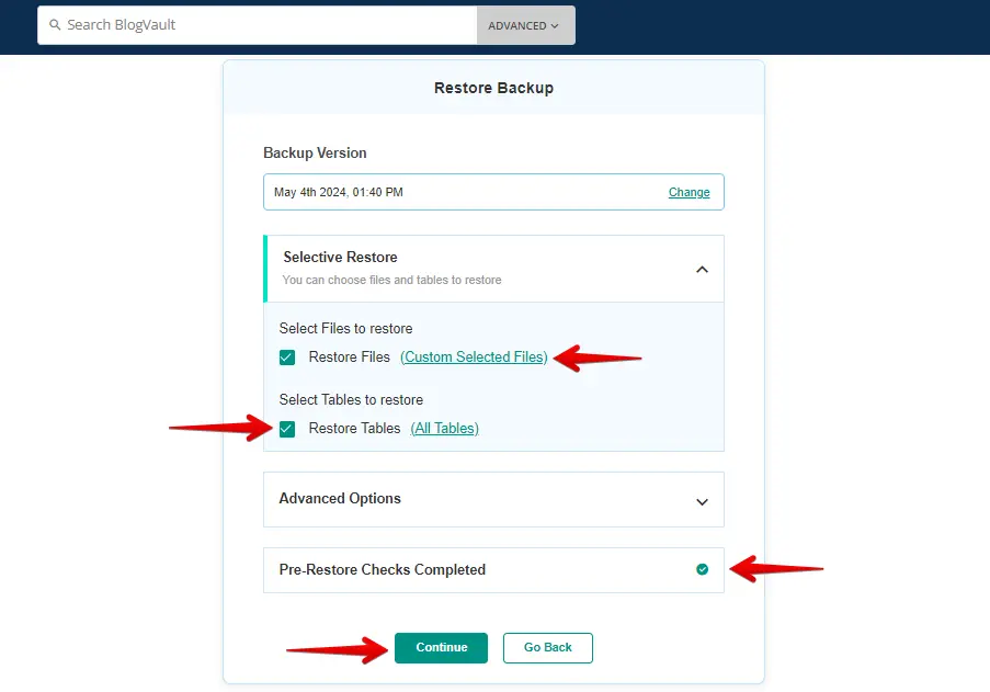 BlogVault Select File and Database