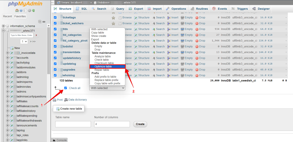 phpMyAdmin Optimize Tables