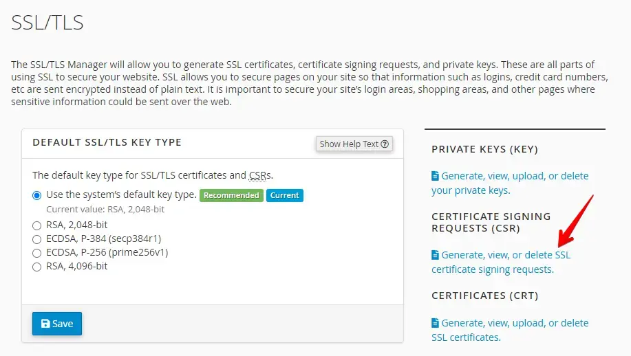 Find the option to view, delete, and generate SSL signing requests