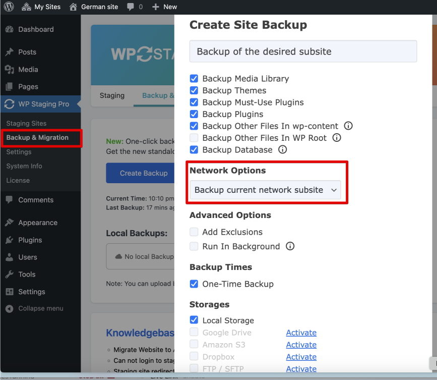 Backup a network site to move it to another wordpress network.