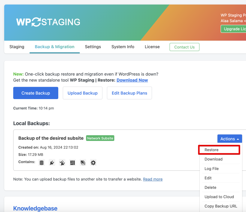 Import backup to the destination network site and Restore it there