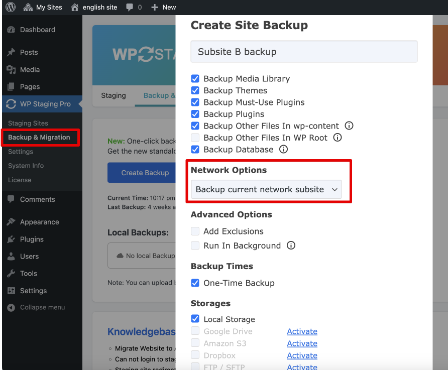 Create a backup of the network subsite before restoring it to the destination subsite on the other network.