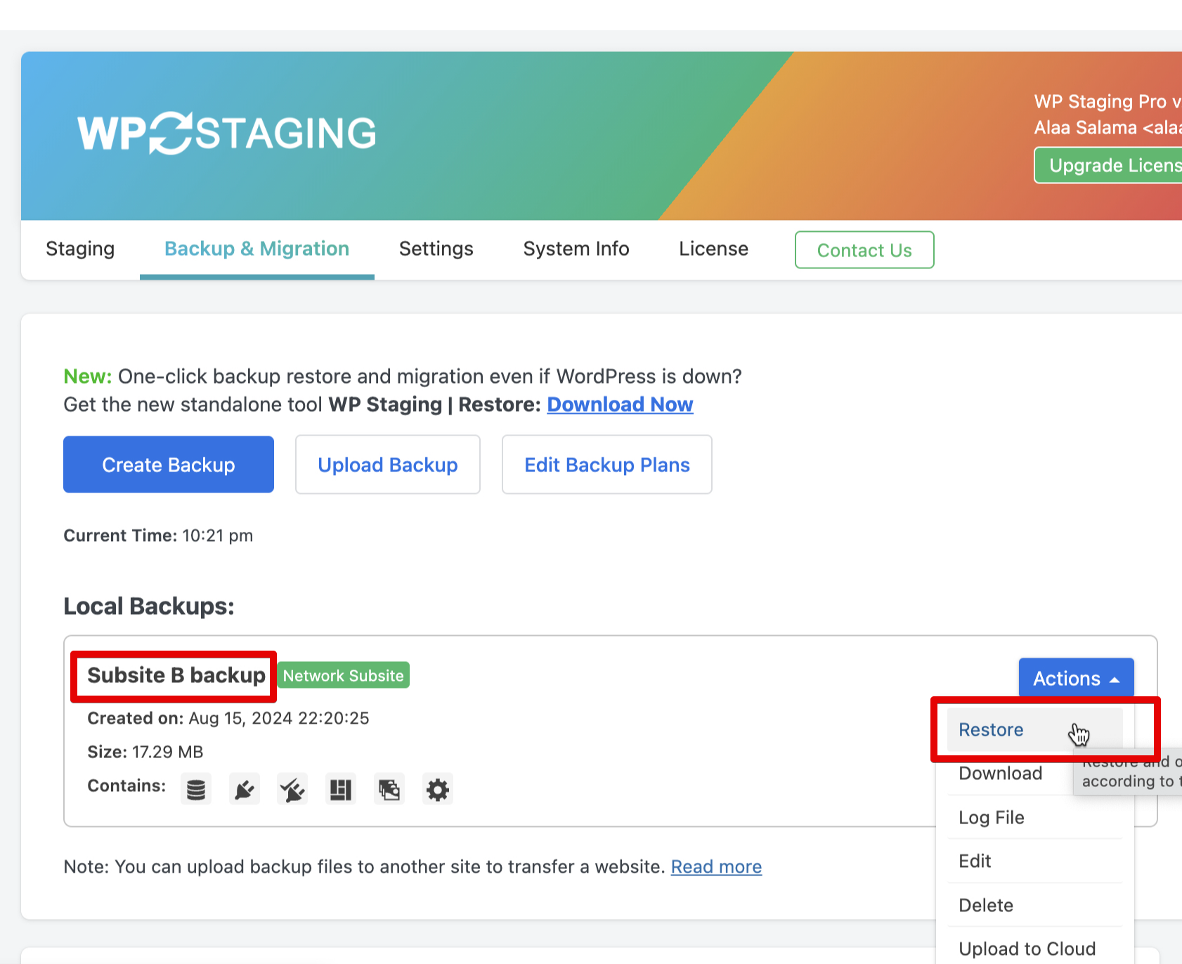 Restore the backup on the destination network subsite.