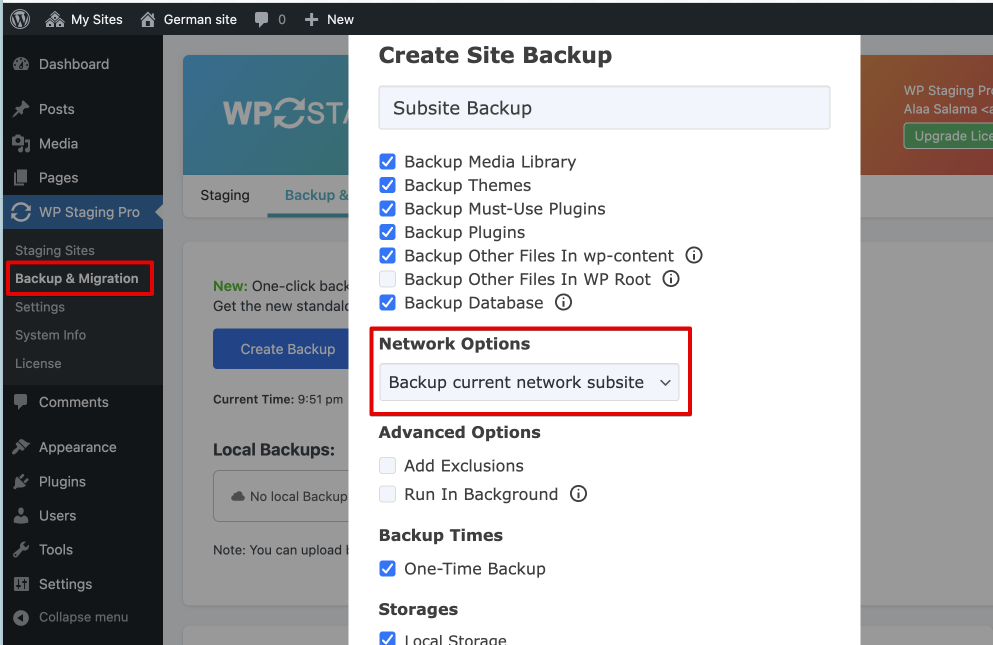 Create backup of the network subsite