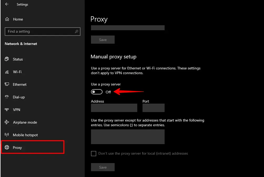 Disable the proxy in Windows.