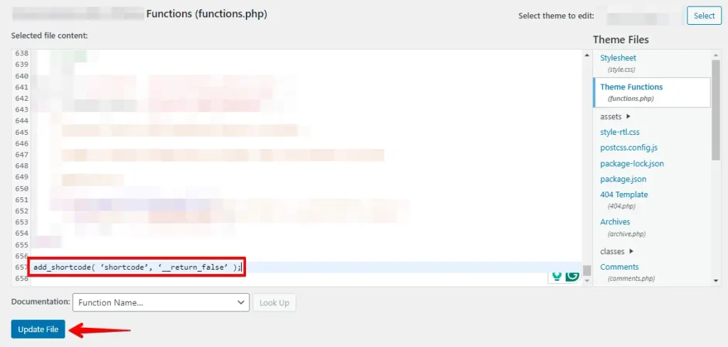 Add the code to the functions.php file to remove the unused shortcode.