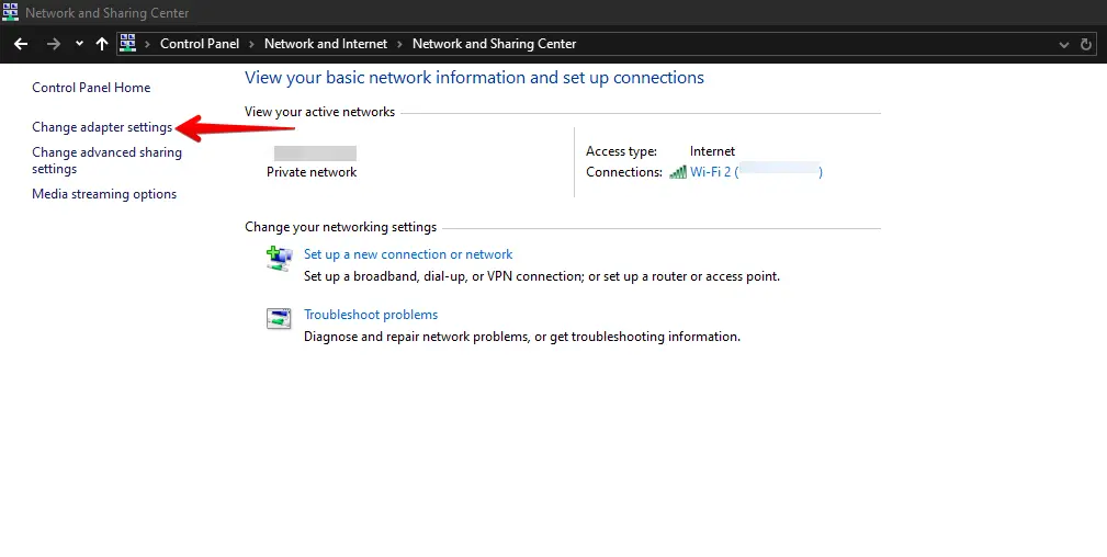 Network and Sharing Center with 'Change adapter settings' option selected