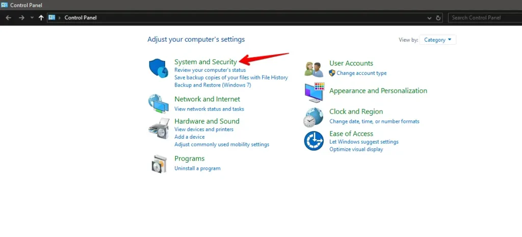 Control Panel window with 'System and Security' highlighted