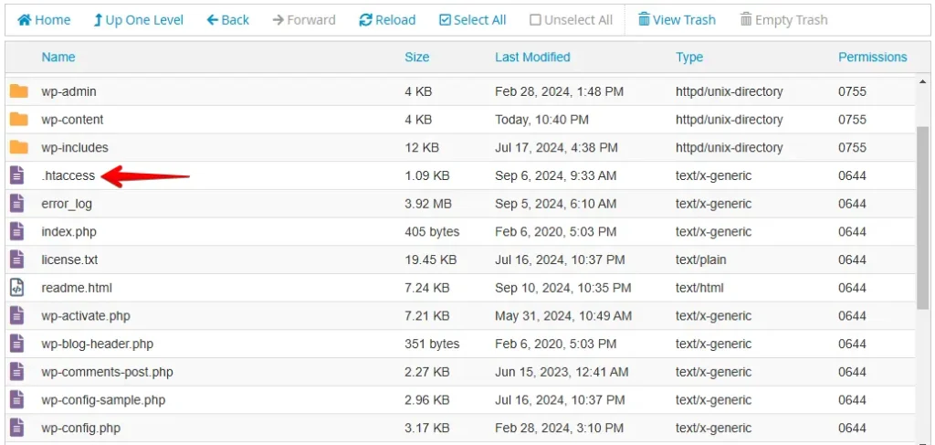 Find the .htaccess file in the WordPress root directory