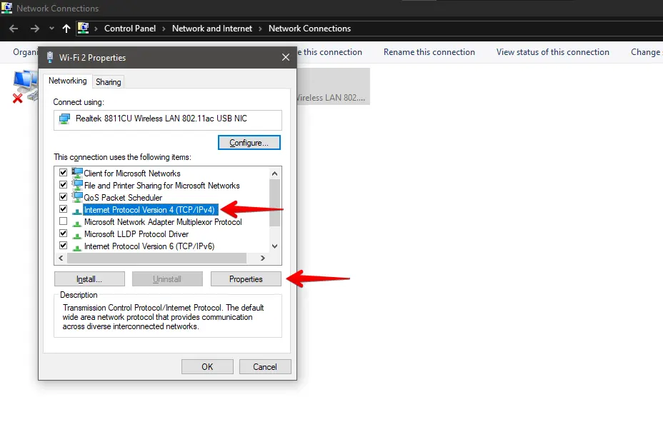 Internet Protocol Version 4 (TCP/IPv4) selected, followed by clicking 'Properties.'