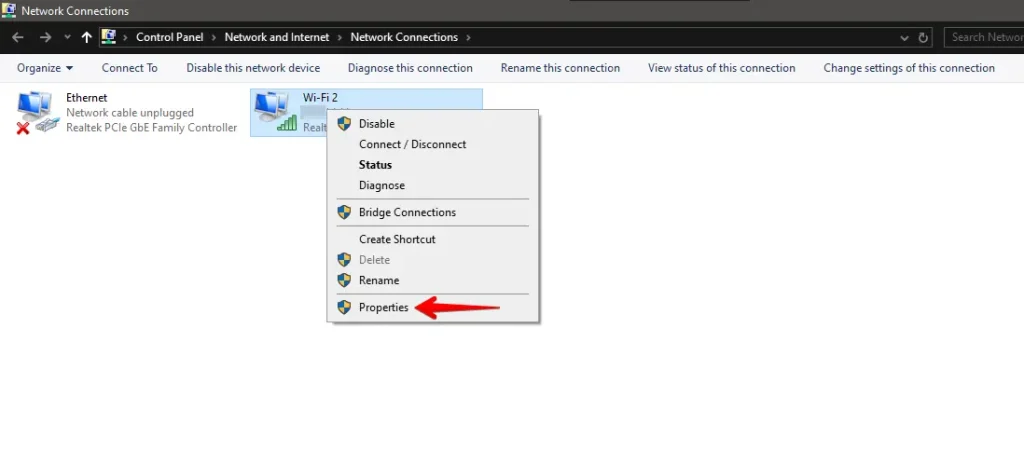 Active network connection options with 'Properties' selected