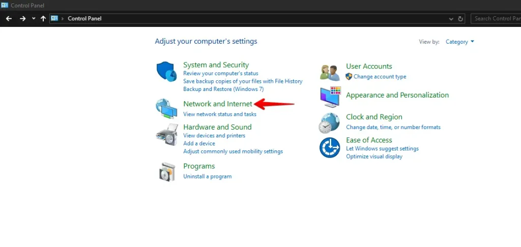 Control Panel window with 'Network and Internet' option selected