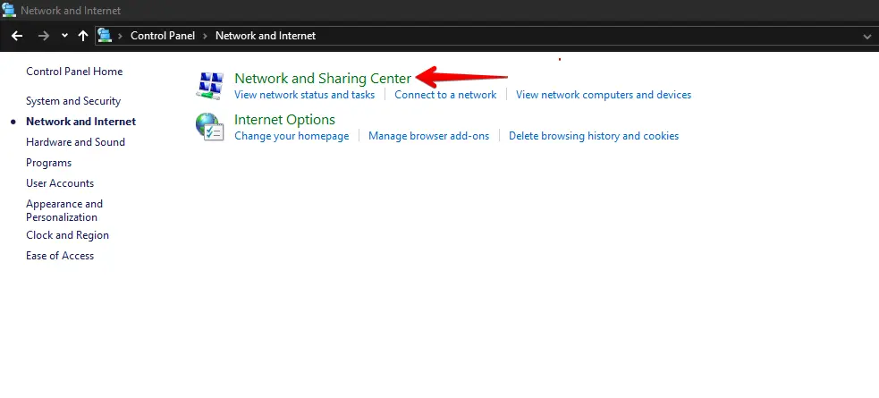 Network and Internet window with 'Network and Sharing Center' option selected