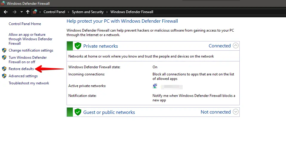 Restore defaults option selected in the left pane of Windows Defender Firewall