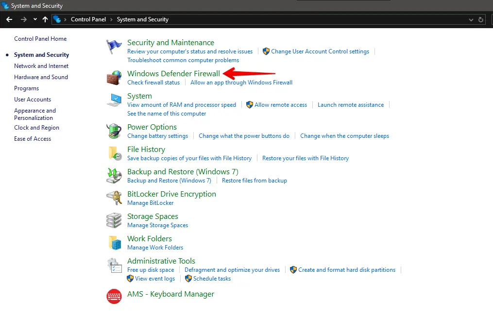 Windows Defender Firewall option highlighted in the Control Panel
