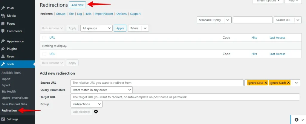 Click Add New to create the Redirection