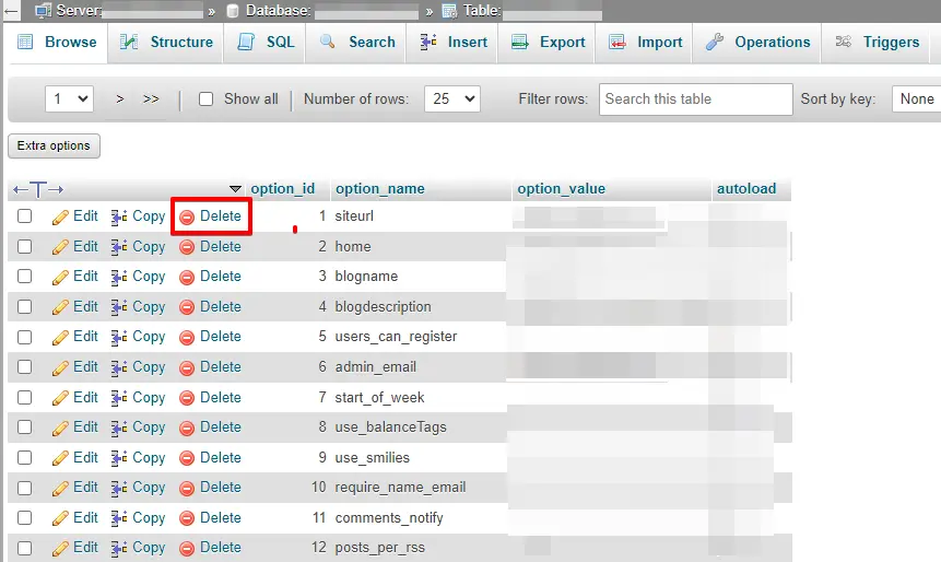 Click the ‘Delete’ link next to any unnecessary files in your database.