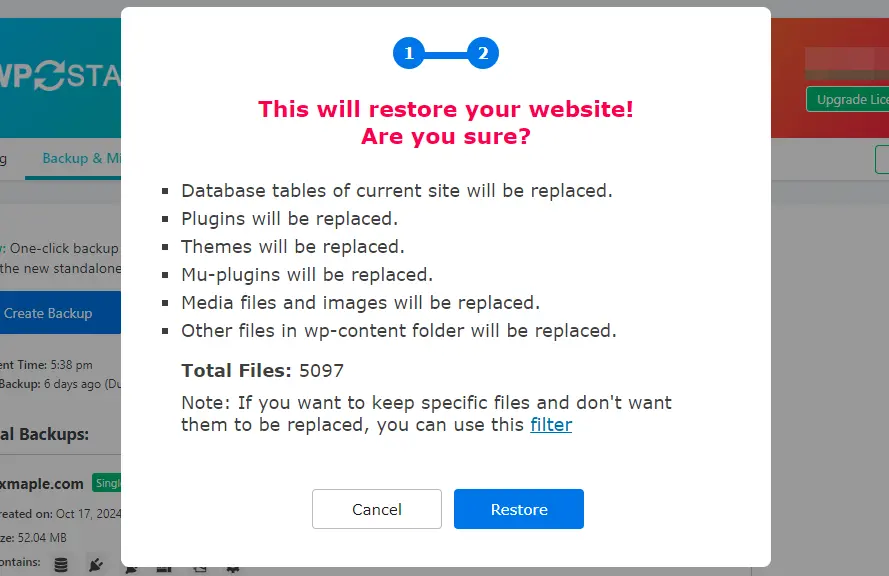 Click the restore button to start the restoration process