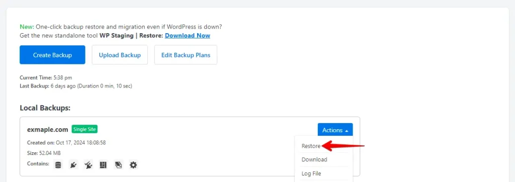 Find the restore option to restore your backup.