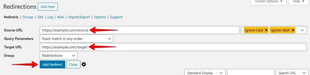 Enter the Source URL and Target URL to create a redirection