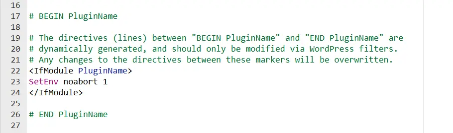 Avoid modifying .htaccess sections marked by # BEGIN PluginName and # END PluginName