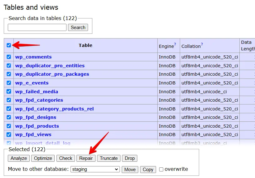 Select all database tables to repair