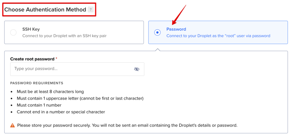 Choose password as authentication method if you aren't familiar with SSH keys