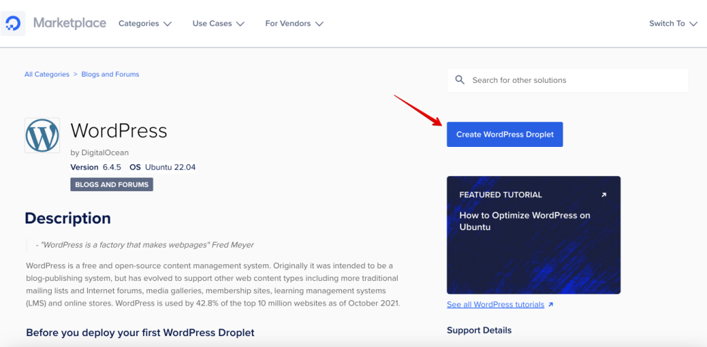 Create WordPress droplet on DigitalOcean platform as your external server