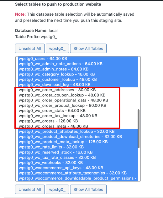 Unselect the woocommerce order tables