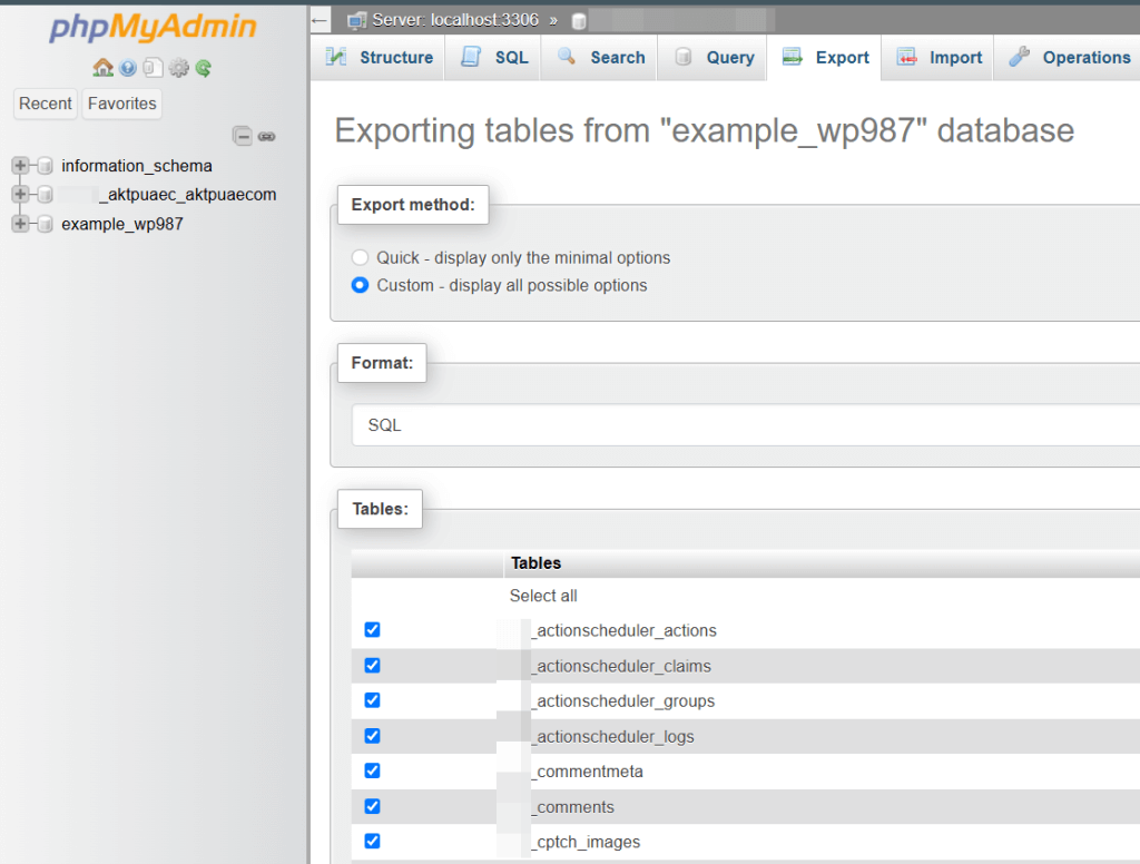 Select all database tables to export and download