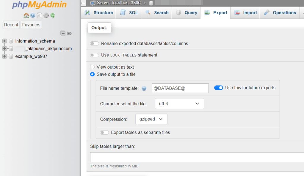 Select the zip compression format for the sql file