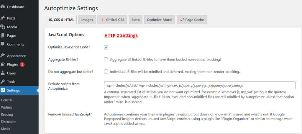 Autoptimize HTTP 2 settings