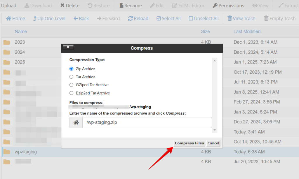 Select zip as archive format for wordpress backups