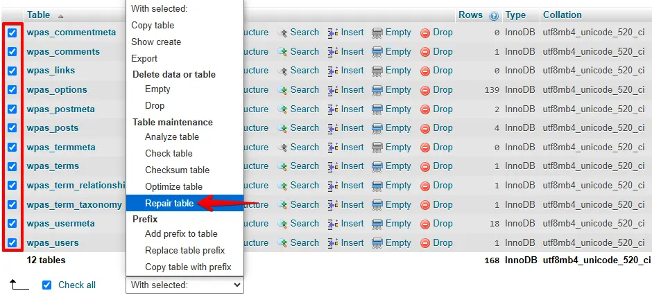 phpmyadmin Repair All Tables