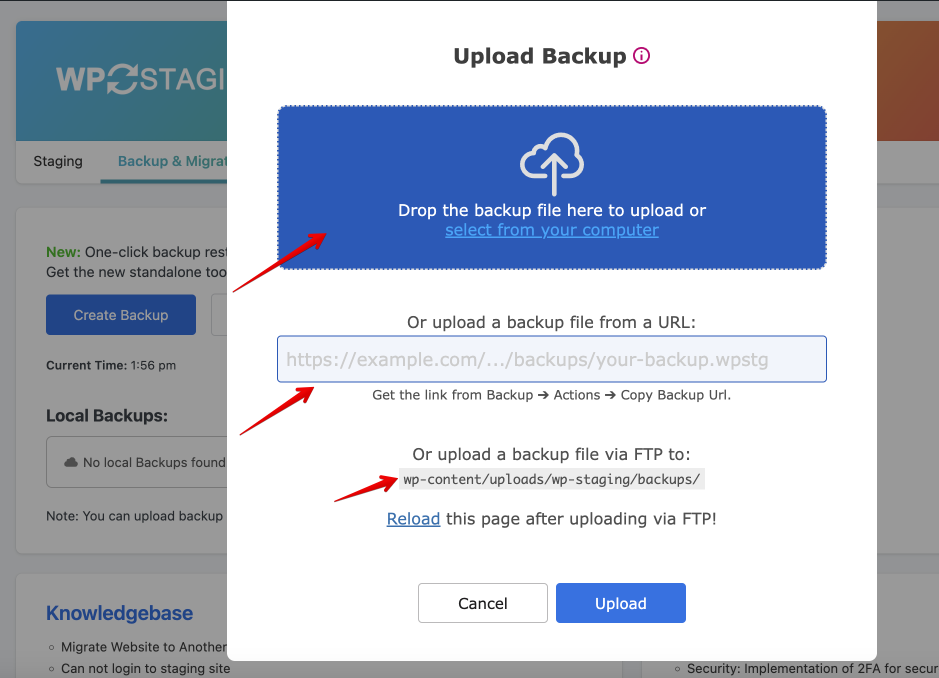 Upload the backup file on the staging site