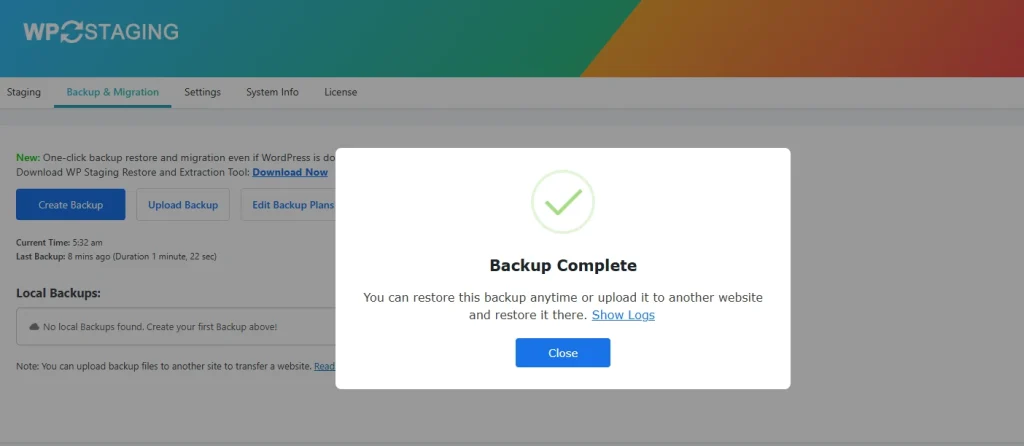 WP Staging Backup Complete