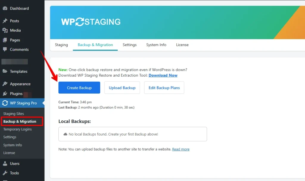 WP Staging Create Backup