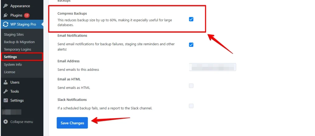 WP Staging - Compress Backups Options