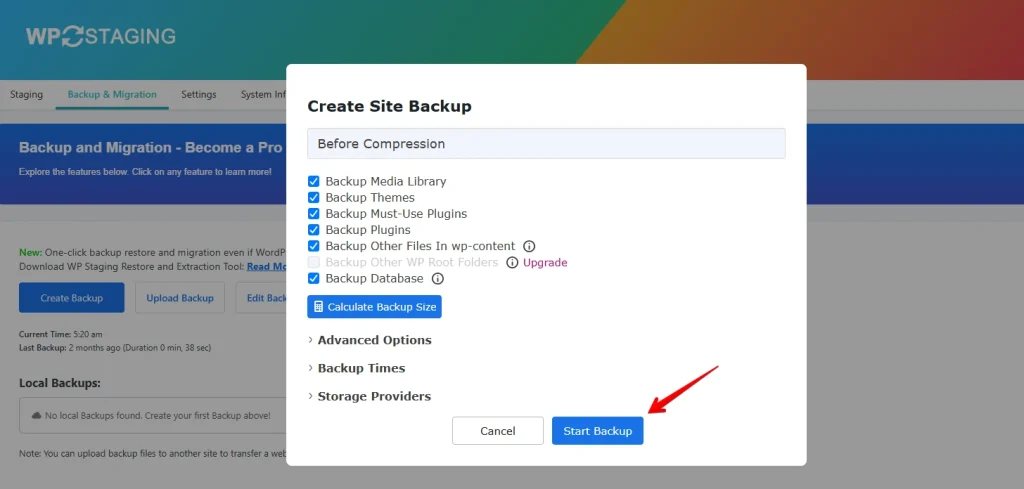 WP Staging Start Backup