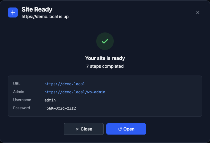 The Site Ready screen in WP Staging Desktop, with links to open the site and the WordPress admin.