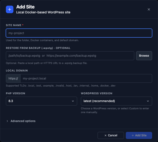 The Create Site form in WP Staging Desktop, where you type a site name and pick options.