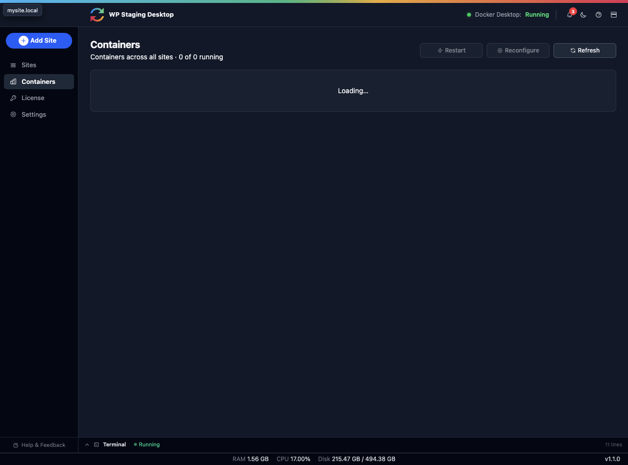 The Containers view in WP Staging Desktop, listing the services that run each local site.