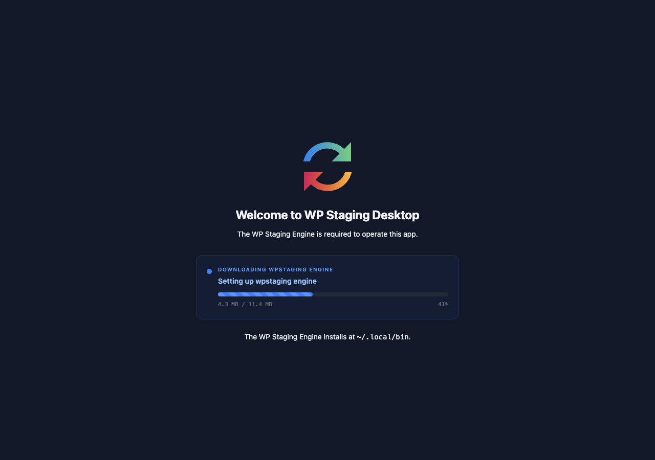 The WP Staging Desktop first-launch screen, setting up automatically with a progress bar.