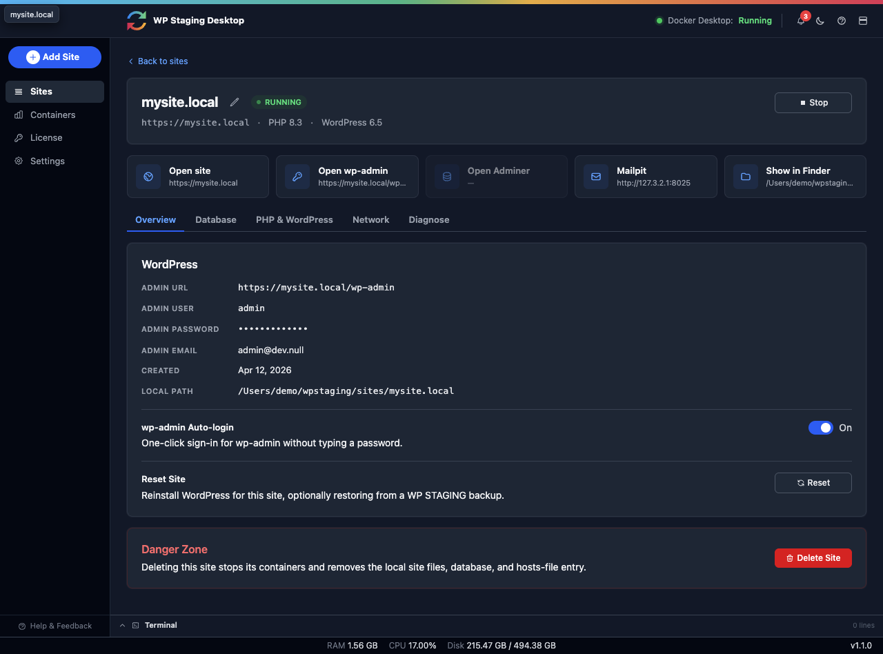 The site detail page in WP Staging Desktop, showing site information and management actions.