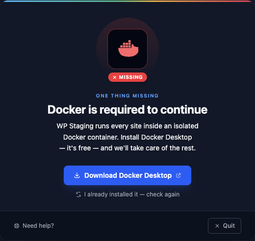 WP Staging Desktop showing a friendly screen that explains Docker is required, with a button to install it.